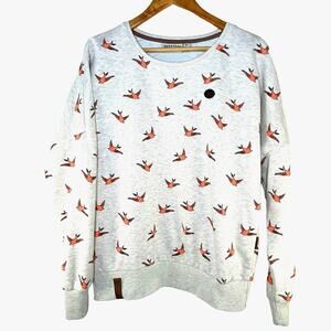 Naketano Sweatshirt Women's Size XL Cream Beige Bird Pattern Coral Salmon